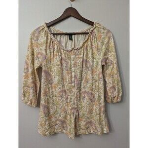 Lauren Ralph Lauren Retro Paisley Blouse 3/4 Sleeve Henley Pintuck Boho Medium